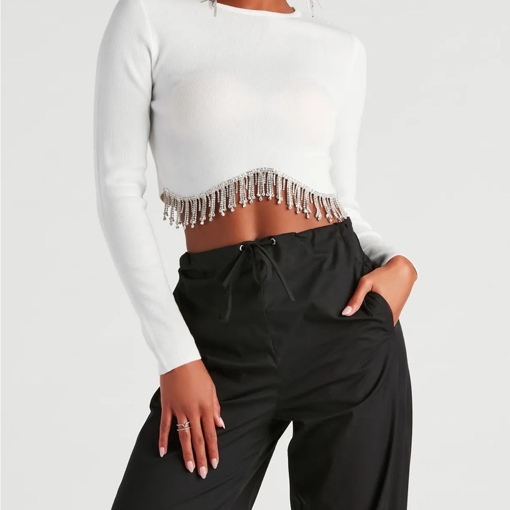 White Crop Top with Silver rhinestones